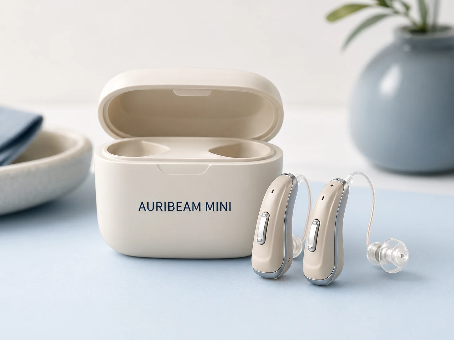 AuriBeam Mini hearing aids with rechargeable case